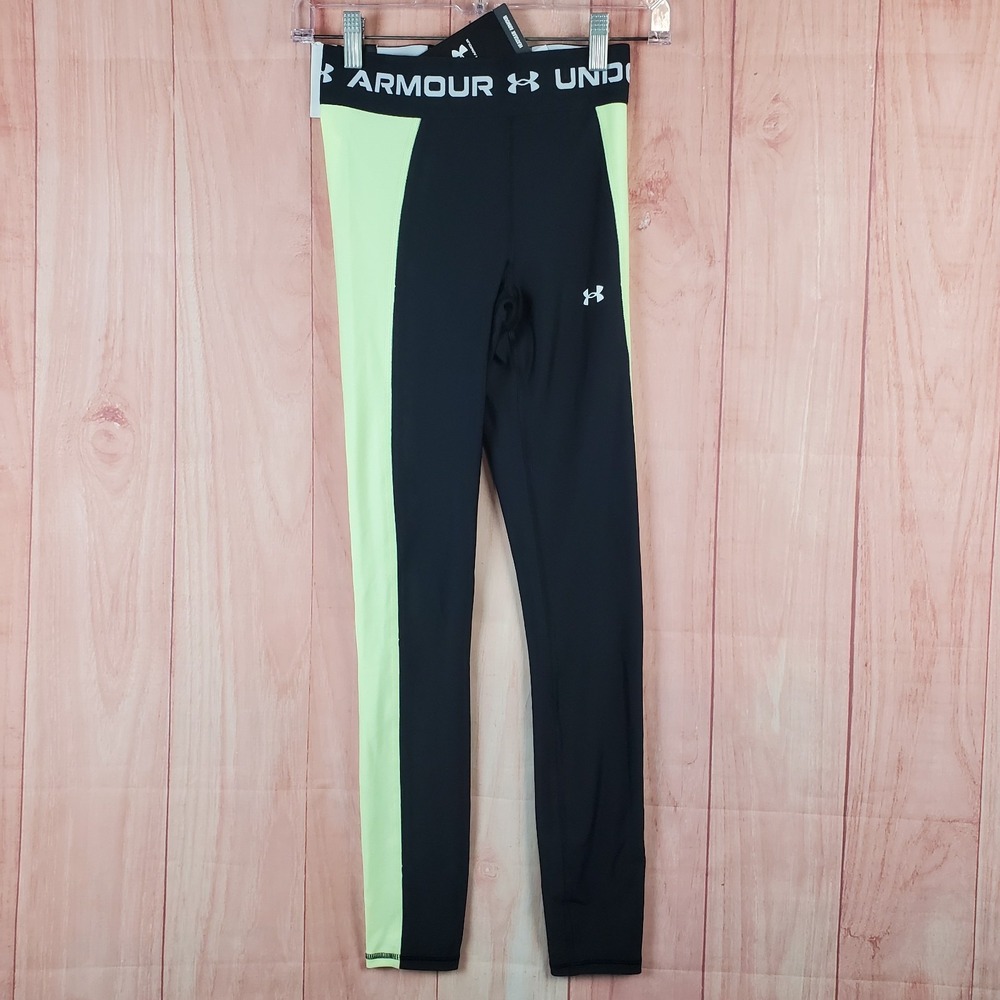 Under Armour HeatGear Colorblock Womens Tights Sz XS Black Yellow Elastic Waist